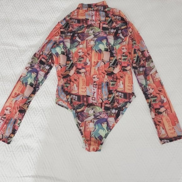 Japanese Anime-Manga Graphic Print Mock Neck Bodysuit Onesie- Size Small - Picture 4 of 11